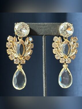 J Crew Gold Tone Chandelier Crystal Drop Statement Earrings Bridal Bling Chunky